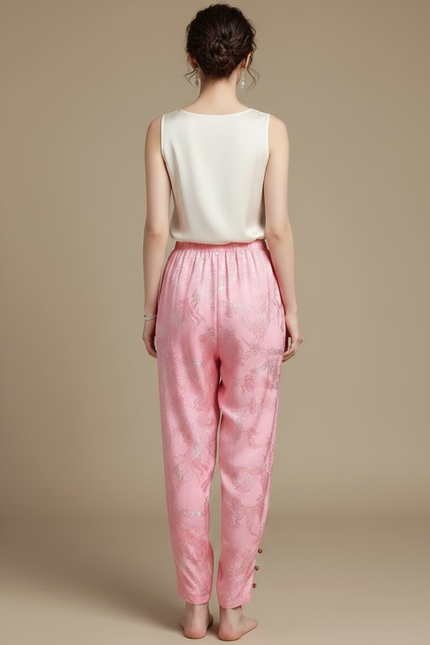 Pantalon Chinois Rose Satiné Brodé Ample Élégant - vue 2
