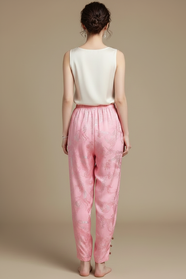 Pantalon Chinois Rose Satiné Brodé Ample Élégant - vue 2