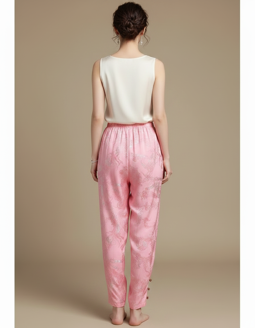 Pantalon Chinois Rose Satiné Brodé Ample Élégant - vue 2