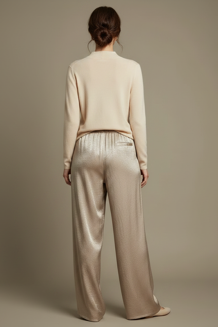 Pantalon Chinois Satin Fluide Ample Élégant Doré - vue 2