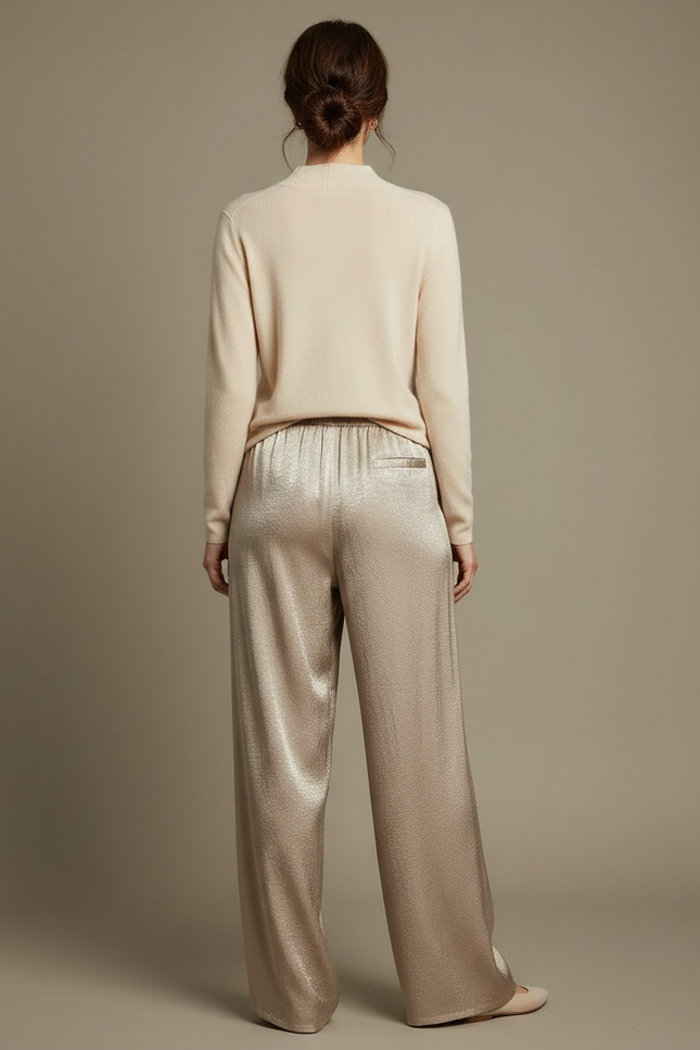 Pantalon Chinois Satin Fluide Ample Élégant Doré - vue 2