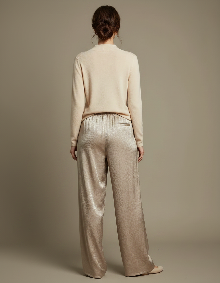 Pantalon Chinois Satin Fluide Ample Élégant Doré - vue 2
