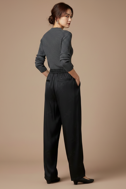 Pantalon Chinois Noir Jacquard Satin Ample Fluide Élégant - vue 2