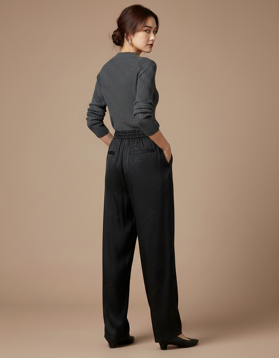 Pantalon Chinois Noir Jacquard Satin Ample Fluide Élégant - vue 2