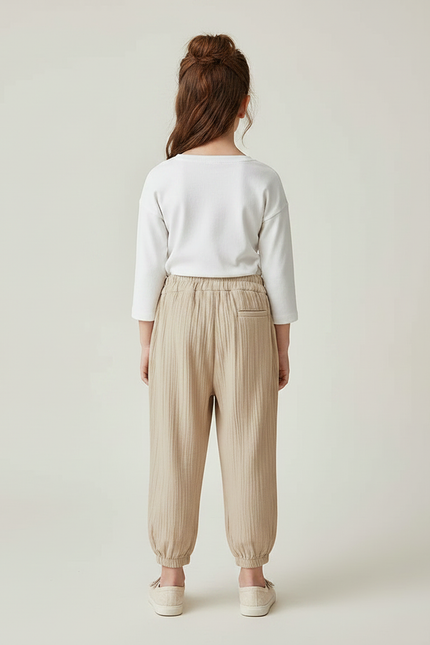 Pantalon Chinois Fille Beige Ample Lin - vue 2