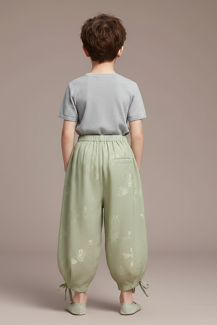 Pantalon Chinois Vert Ample Brodé Fleurs Enfant - Lin - vue 2