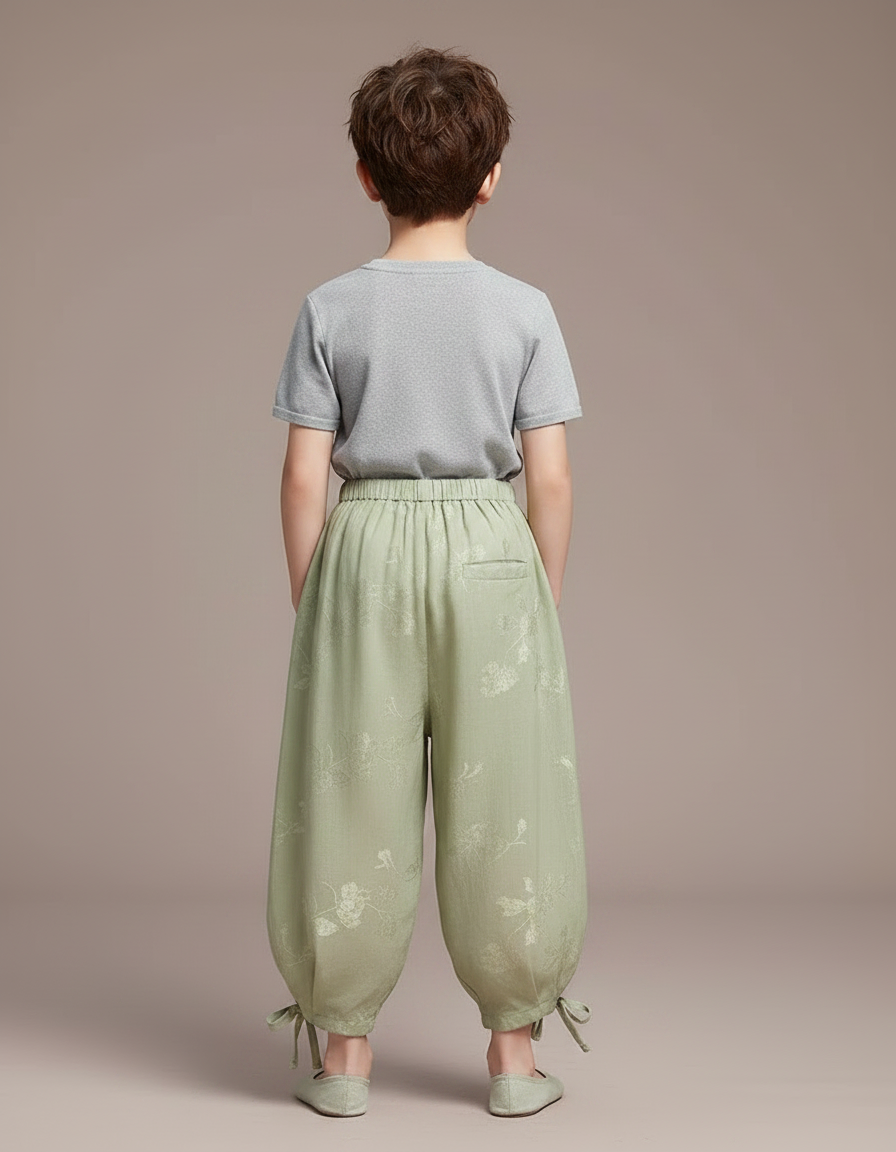 Pantalon Chinois Vert Ample Brodé Fleurs Enfant - Lin - vue 2