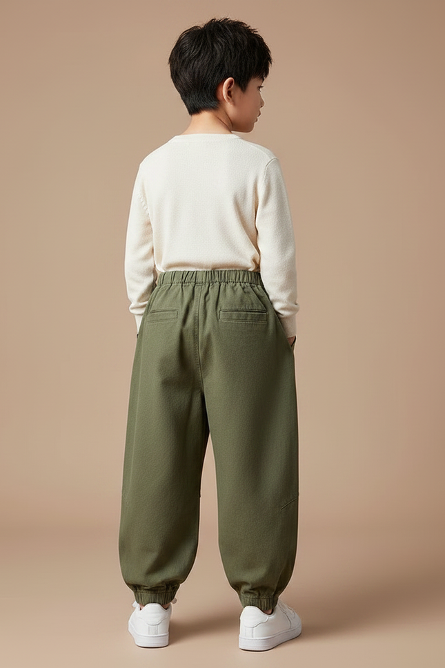 Pantalon Chinois Vert Armée Ample Coton Décontracté Garçon - Kaki Toile - vue 2