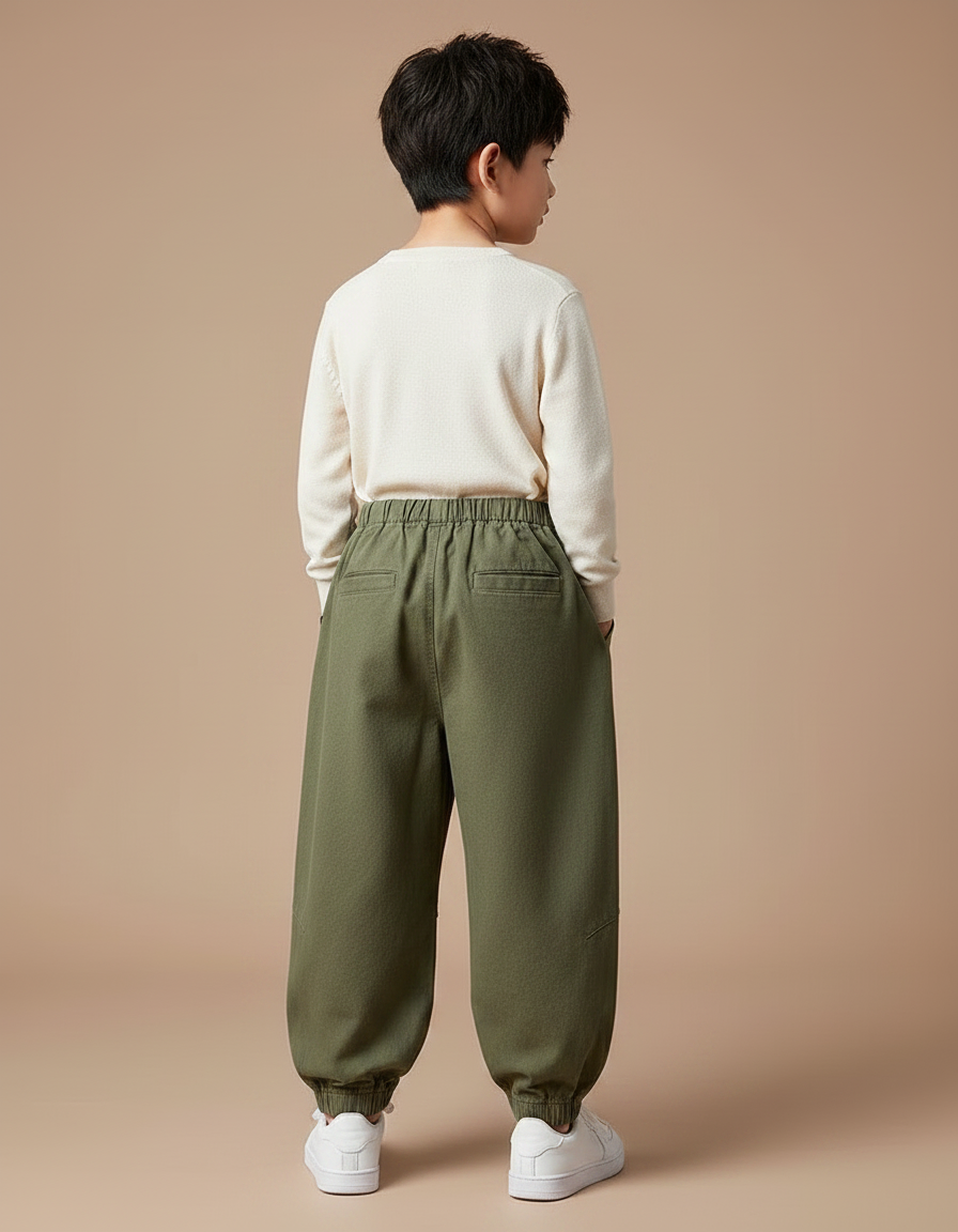Pantalon Chinois Vert Armée Ample Coton Décontracté Garçon - Kaki Toile - vue 2