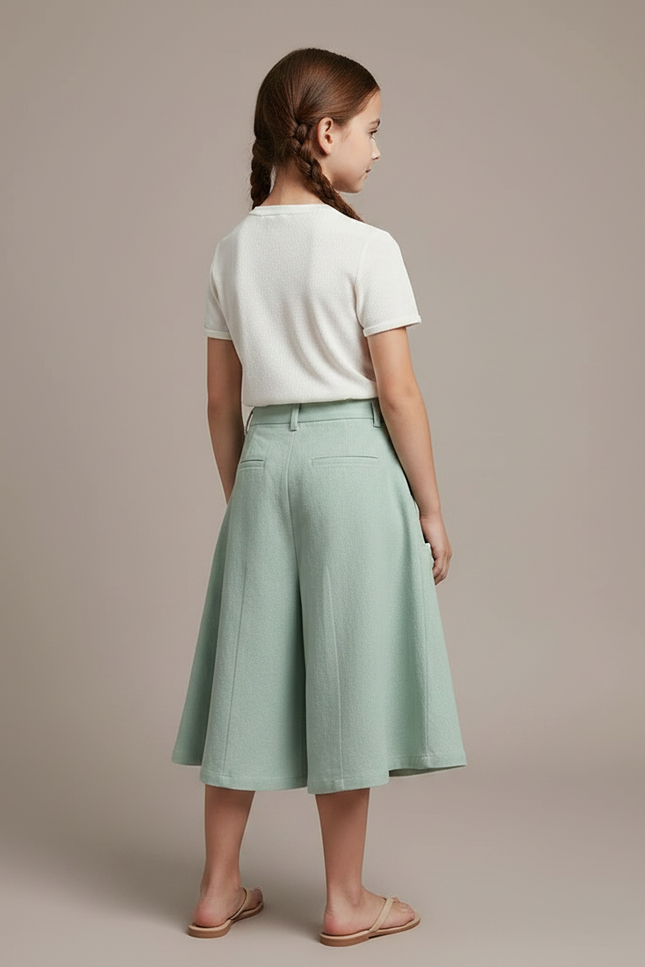 Pantalon Chinois Vert Ample Brodé Fleurs Papillons Fille - Lin - vue 2