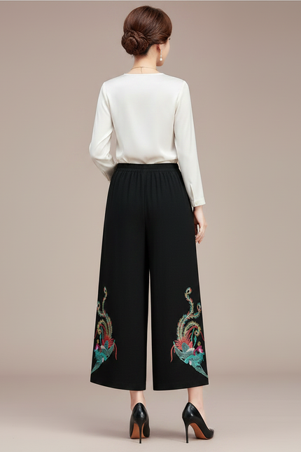 Pantalon Chinois Noir Brodé Ethnique Ample Fluide Femme - Polyester - vue 2