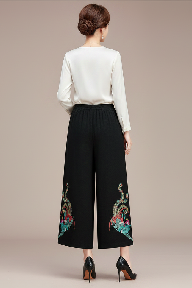 Pantalon Chinois Noir Brodé Ethnique Ample Fluide Femme - Polyester - vue 2