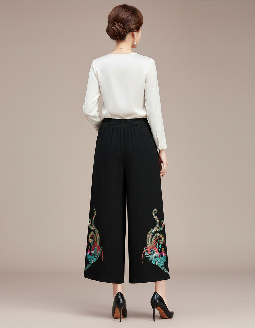 Pantalon Chinois Noir Brodé Ethnique Ample Fluide Femme - Polyester - vue 2