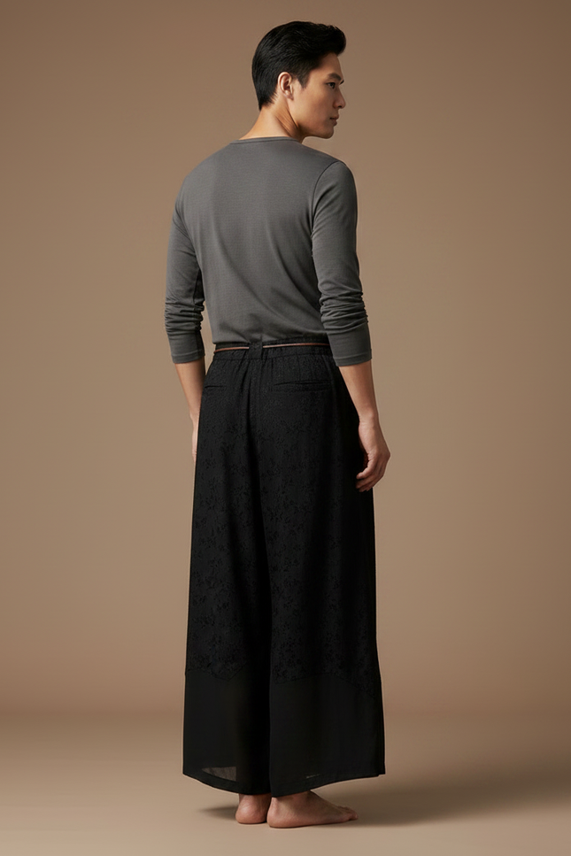 Pantalon Chinois Noir Jacquard Ample Vintage Fluide - Viscose - vue 2