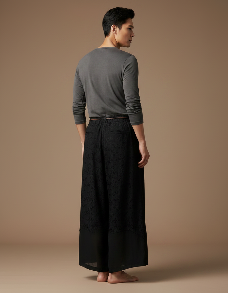 Pantalon Chinois Noir Jacquard Ample Vintage Fluide - Viscose - vue 2