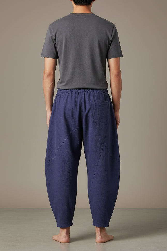 Pantalon Chinois Bleu Ample Coton Lin Unisexe - Marine - vue 2