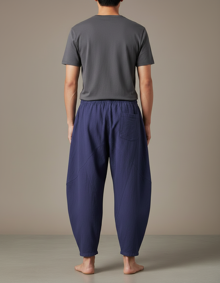 Pantalon Chinois Bleu Ample Coton Lin Unisexe - Marine - vue 2