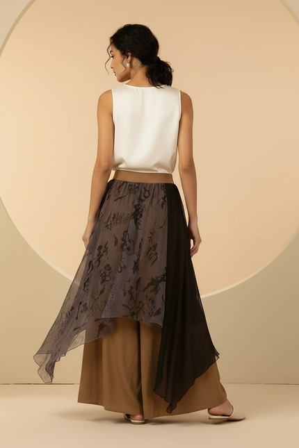 Pantalon Chinois Gaze Irrégulier Jupe Fluide Femme - Camel Viscose - vue 2