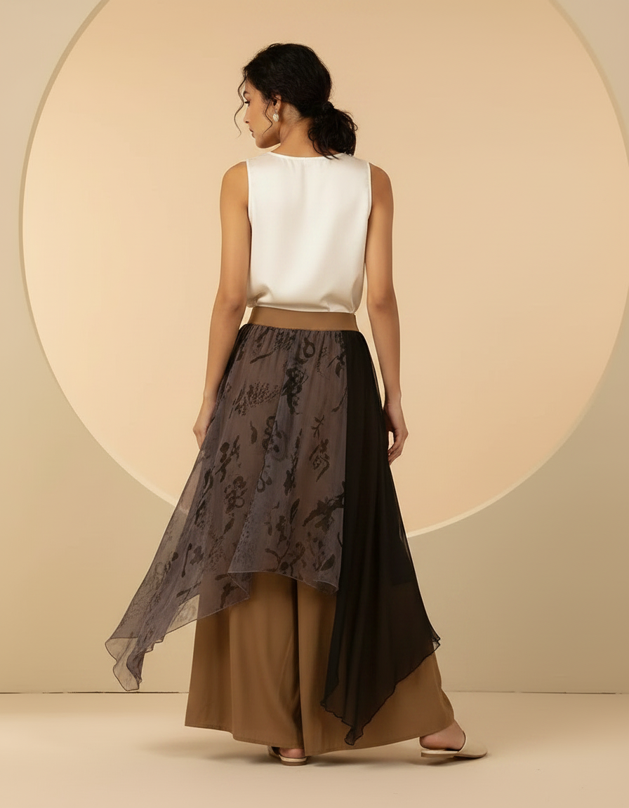 Pantalon Chinois Gaze Irrégulier Jupe Fluide Femme - Camel Viscose - vue 2