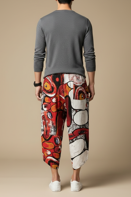 Pantalon Chinois Imprimé Abstrait Harem Ample Coton - Multicolore - vue 2
