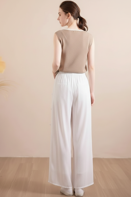 Pantalon Chinois Blanc Ample Brodé Tencel Fluide - Viscose - vue 2