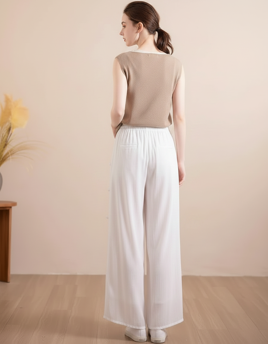 Pantalon Chinois Blanc Ample Brodé Tencel Fluide - Viscose - vue 2