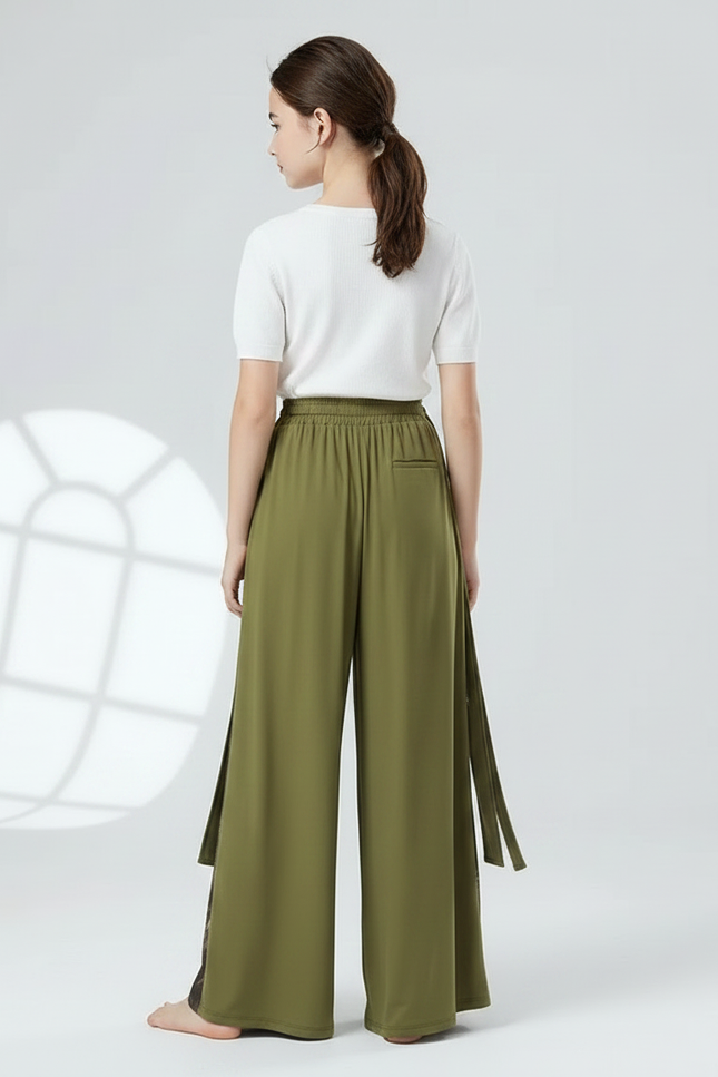 Pantalon Chinois Vert Ample Fendu Imprimé Fluide Fille - Kaki Viscose - vue 2