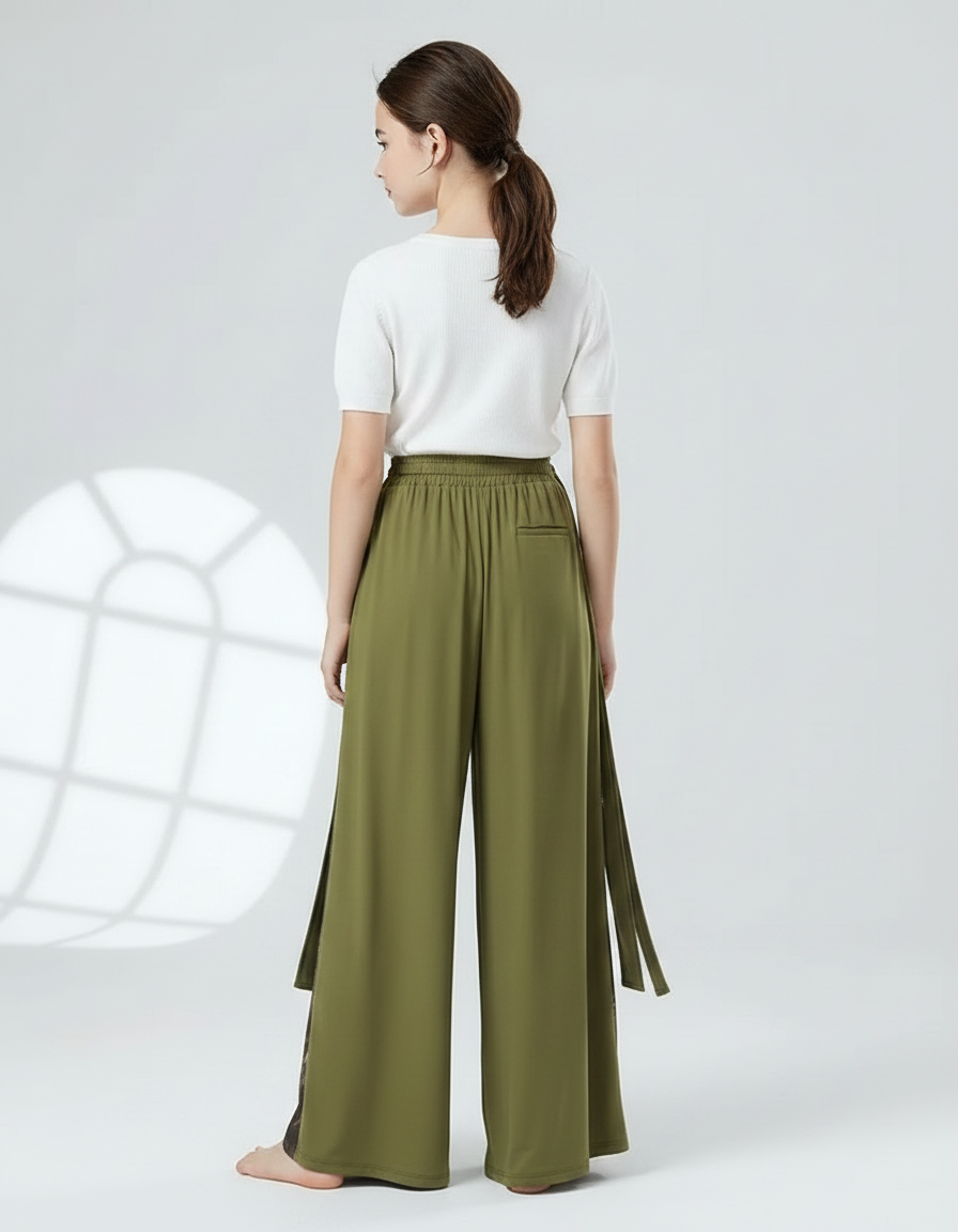 Pantalon Chinois Vert Ample Fendu Imprimé Fluide Fille - Kaki Viscose - vue 2