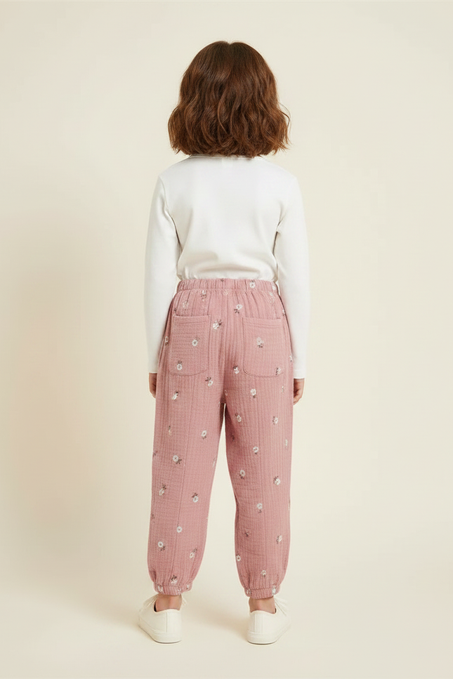 Pantalon Chinois Rose Mousseline Brodé Fluide Enfant - Coton - vue 2