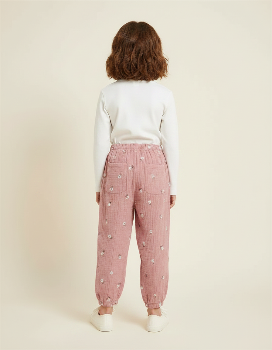 Pantalon Chinois Rose Mousseline Brodé Fluide Enfant - Coton - vue 2