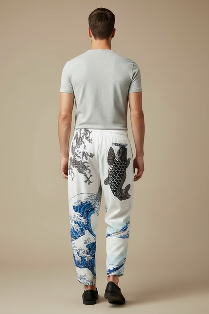 Pantalon Chinois Blanc Harem Dragon Carpe Vagues - Coton - vue 2