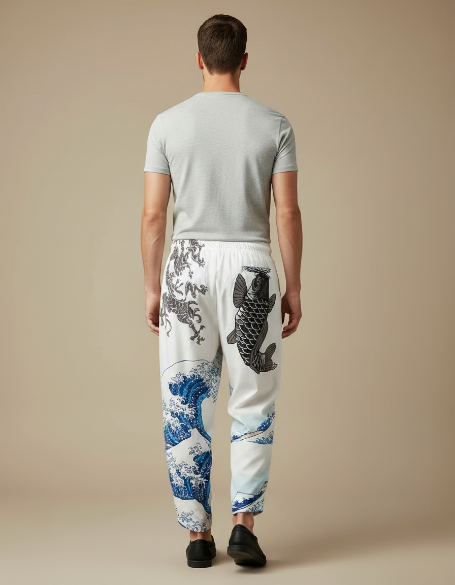 Pantalon Chinois Blanc Harem Dragon Carpe Vagues - Coton - vue 2