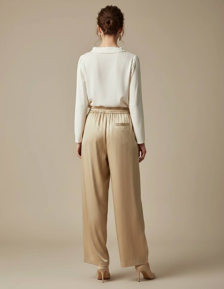 Pantalon Chinois Doré Satin Ample Fluide Élégant - vue 2