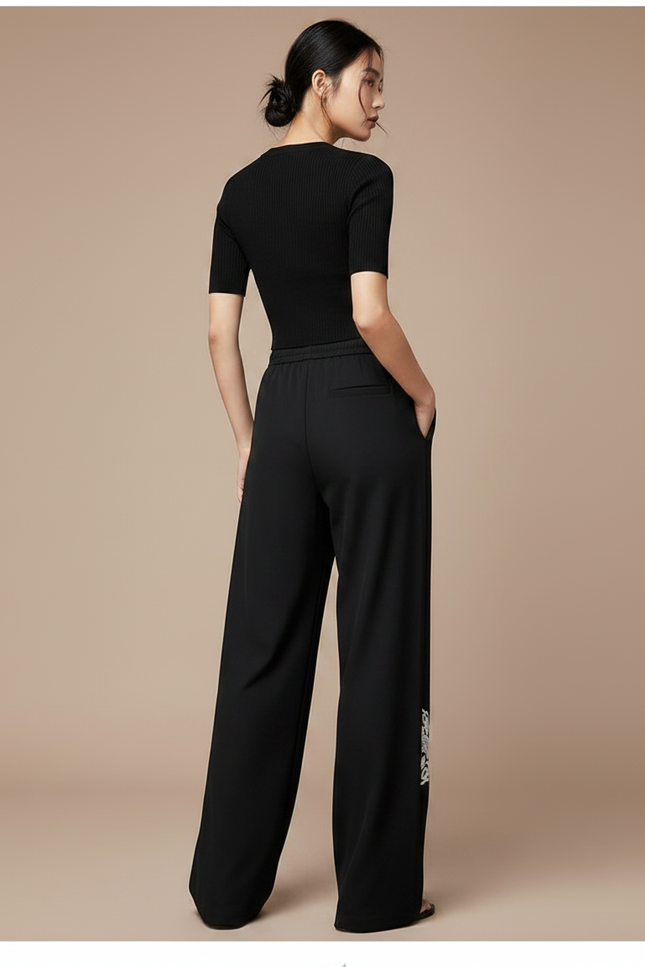 Pantalon Chinois Noir Ample Brodé Fluide Femme - Viscose - vue 2