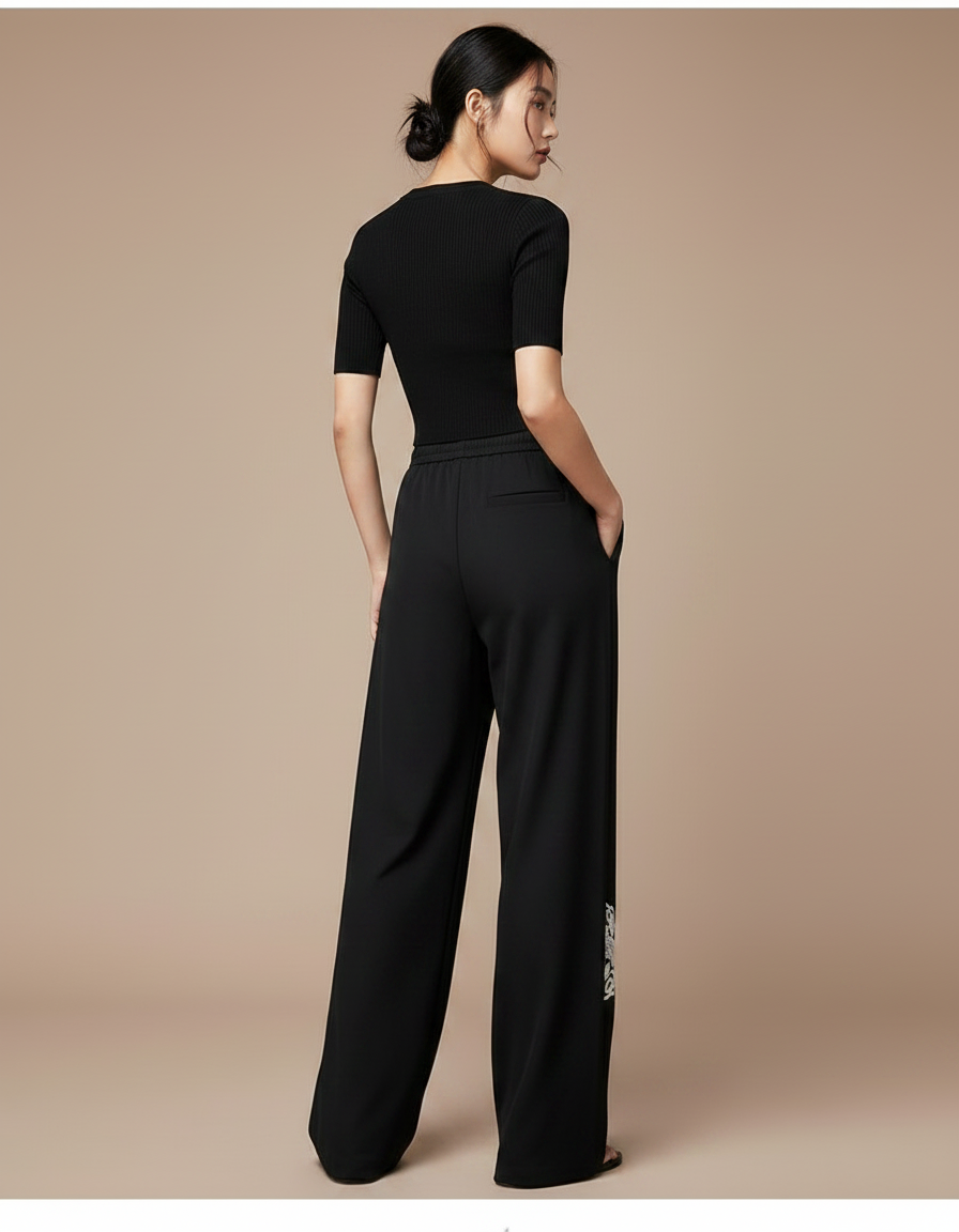 Pantalon Chinois Noir Ample Brodé Fluide Femme - Viscose - vue 2