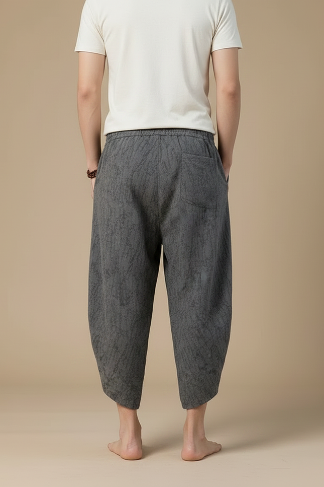 Pantalon Chinois Gris Ample Coton Lin Décontracté Motif - vue 2