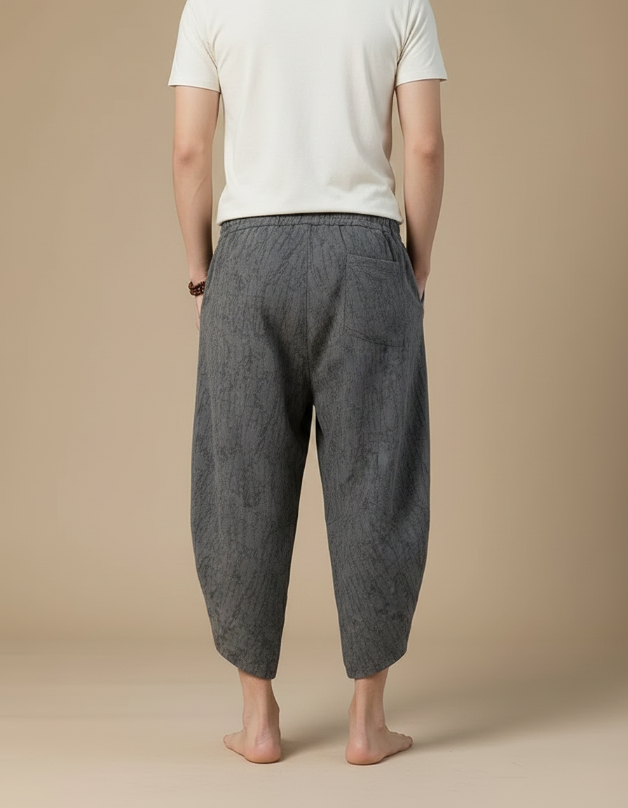 Pantalon Chinois Gris Ample Coton Lin Décontracté Motif - vue 2