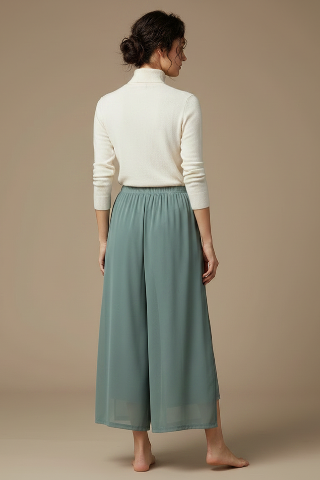 Pantalon Chinois Vert Sauge Fluide Fendu Élégant - Polyester - vue 2