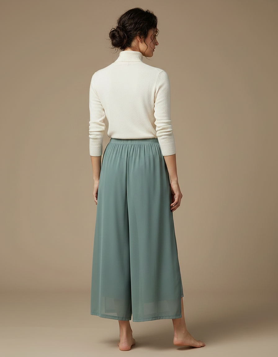 Pantalon Chinois Vert Sauge Fluide Fendu Élégant - Polyester - vue 2