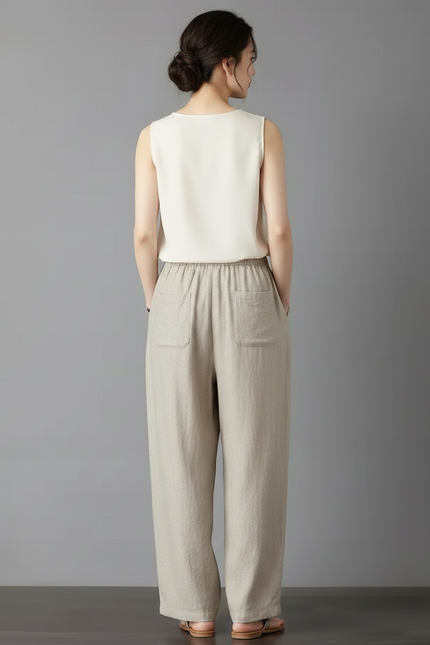 Pantalon Chinois Beige Ample Coton Fluide Femme - Lin - vue 2