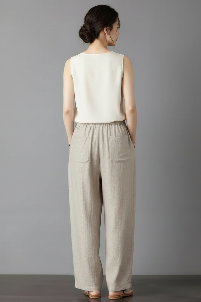 Pantalon Chinois Beige Ample Coton Fluide Femme - Lin - vue 2