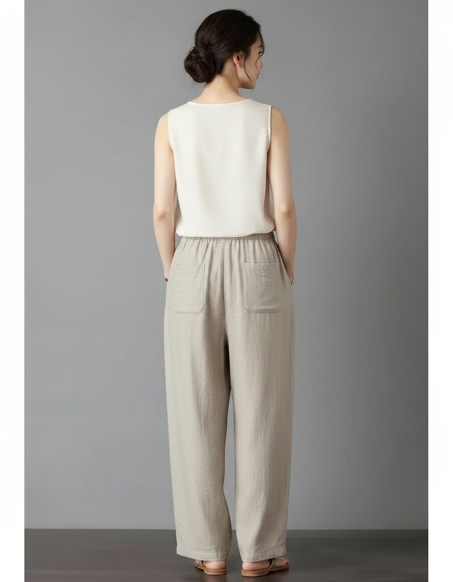 Pantalon Chinois Beige Ample Coton Fluide Femme - Lin - vue 2