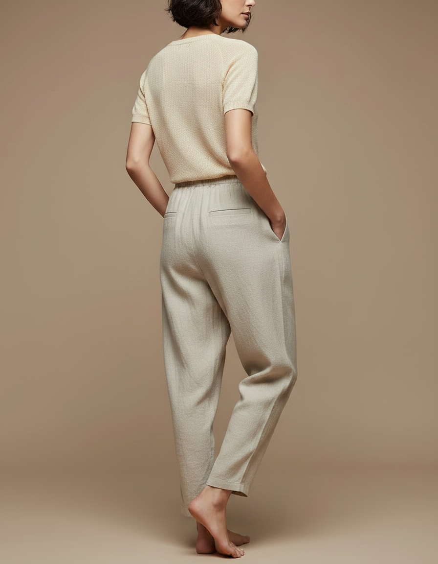 Pantalon Chinois Lin Cordon Ample Confortable Beige - vue 2