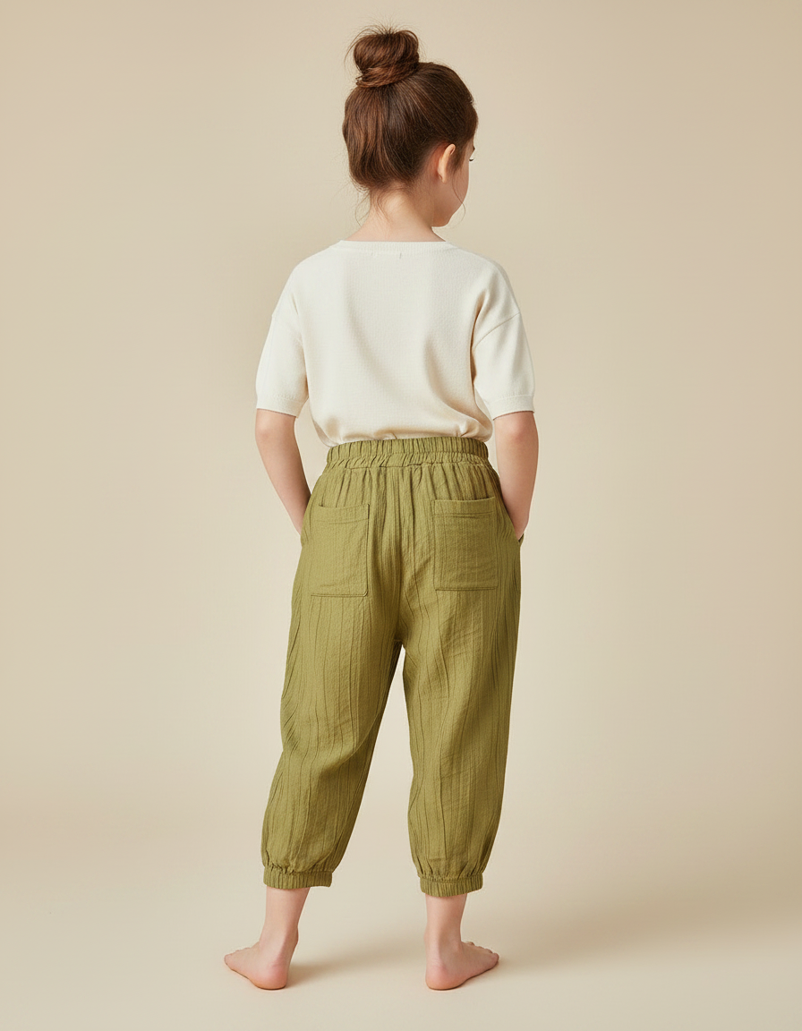 Pantalon Chinois Vert Ample Coton Enfant Fluide - Kaki Lin - vue 2