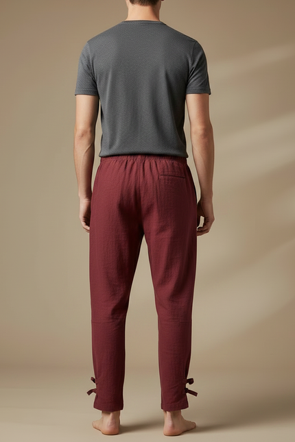 Pantalon Chinois Bordeaux Lin Brodé Grue Décontracté Homme - vue 2
