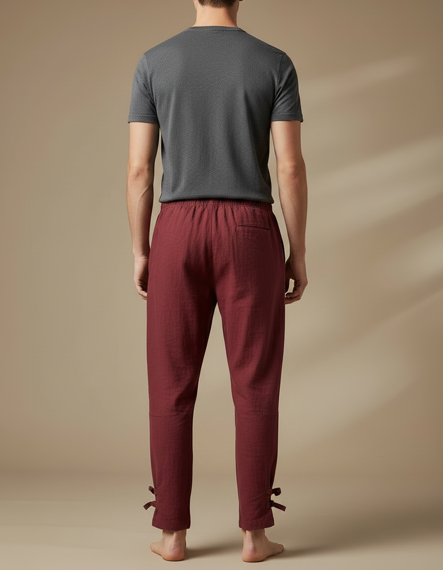 Pantalon Chinois Bordeaux Lin Brodé Grue Décontracté Homme - vue 2
