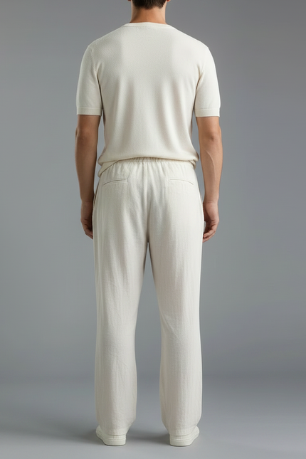 Pantalon Chinois Écru Lin Ample Cordon Décontracté - Beige - vue 2