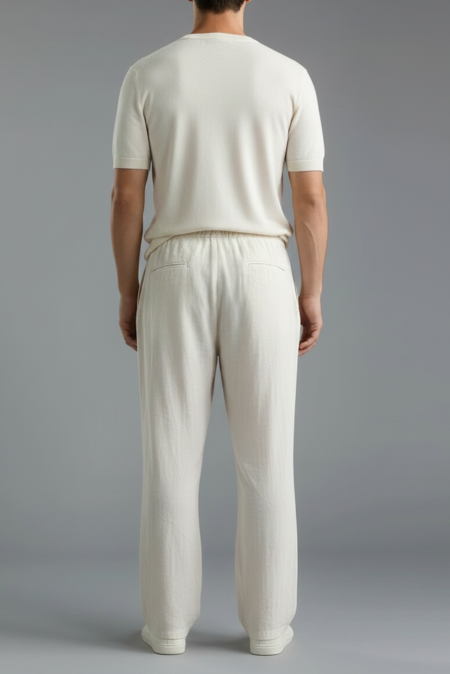 Pantalon Chinois Écru Lin Ample Cordon Décontracté - Beige - vue 2