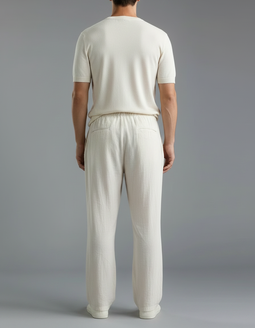 Pantalon Chinois Écru Lin Ample Cordon Décontracté - Beige - vue 2