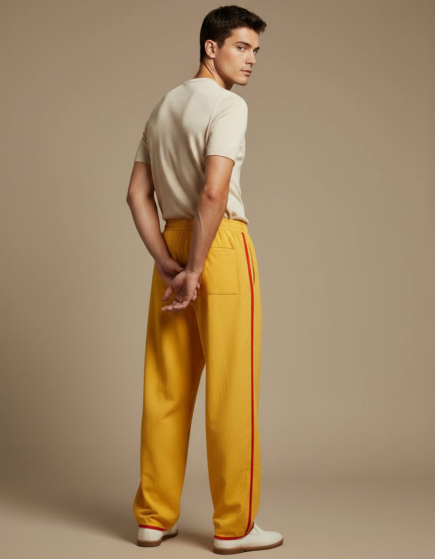 Pantalon Chinois Jaune Ample Bandes Rouges Sport - Molleton - vue 2